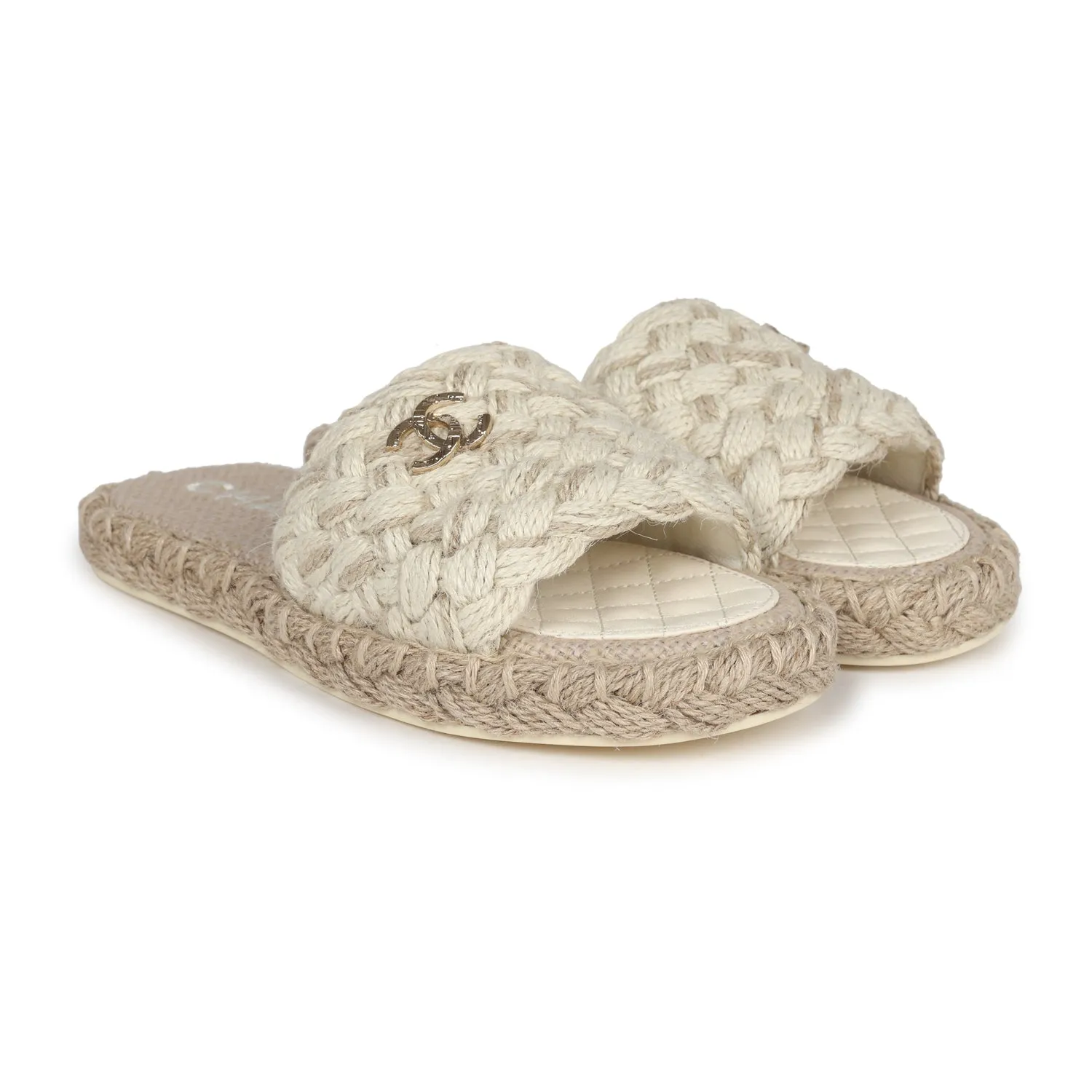 Chanel CC Braided Knit Interlocking Slide Sandals Cream Gold Hardware 37 EU