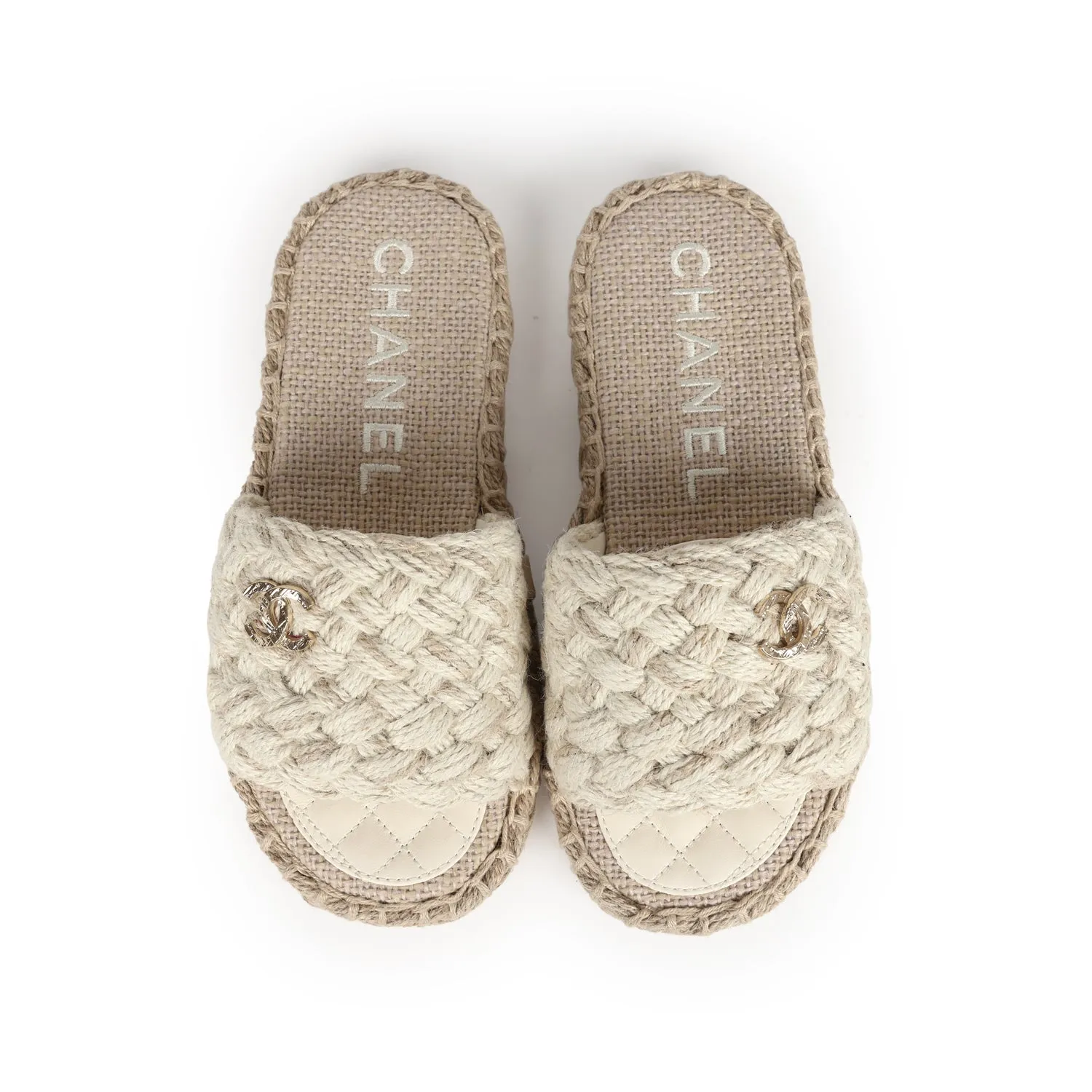 Chanel CC Braided Knit Interlocking Slide Sandals Cream Gold Hardware 37 EU