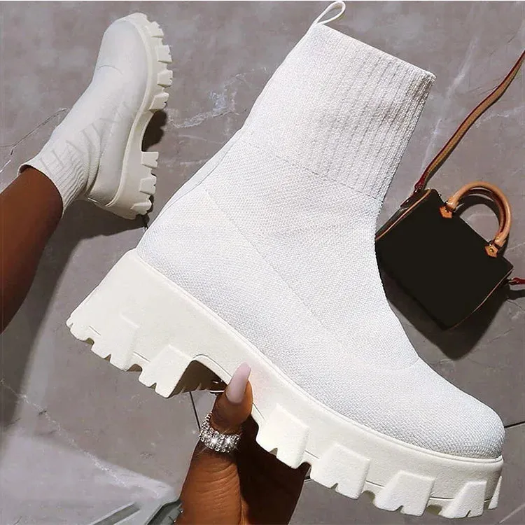 Elegant Women’s Elastic Platform Boots – Stylish Slip-On Ankle Heeled Shoes